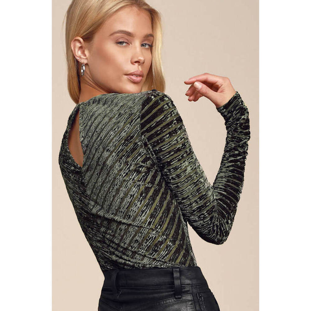 Lulus Save The Date Olive Green Velvet Striped Long Sleeve Bodysuit - Size XS